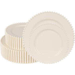 60 Pcs Ivory Plates, Beaded Design Disposable Plastic Plates for 30 Guests, Fancy Party Dishes 7.5 inch Dessert Plate and 10 inch Dinner Plate for Thanksgiving, Party, Bridal Shower