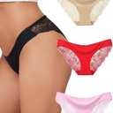 Womens Sexy Thongs Lace Panties Underwear Low Rise Plus Size Underpants Pack of 3, Ivory, Red, Pink (M)