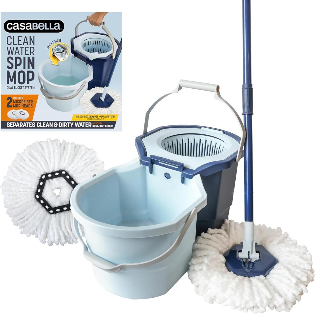 Casabella Spin Mop System with Extra Mop Head Refill - Two-Bucket Design with Splash Guard Built-in Measuring Cup and Scraper Tool with Easy Wring Pedal Spinner, 1.25-Gallon, Blue