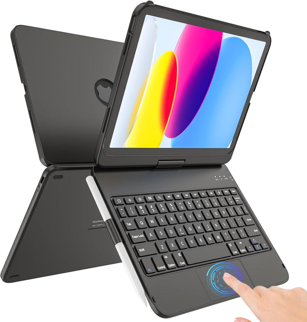 TaIYanG for iPad 10th Generation Case with Keyboard 10.9" 2022 & 11th (A16) 2025, Touch Trackpad keypad Case for 11/10th Generation-360 Rotate,Pencil Holder, Keyboard for iPad 10th Gen, Black