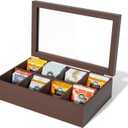 Alsonerbay Wooden Tea Box Tea Bag Holder Kitchen Storage Chest Box for Spice Pouches and Sugar Packets with 8 Compartments and Glass Window Walnut