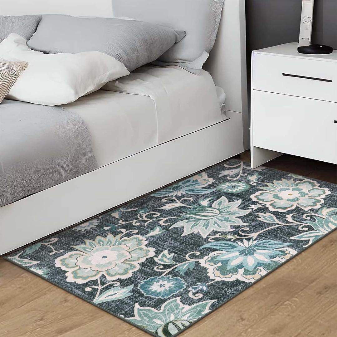 Beeiva Floral 3x5 Machine Washable Area Rugs, Vintage Rug for Entryway with Rubber Backing Paisley Blue, Ultra Thin Bathroom Carpet for Living Bedroom Kitchen