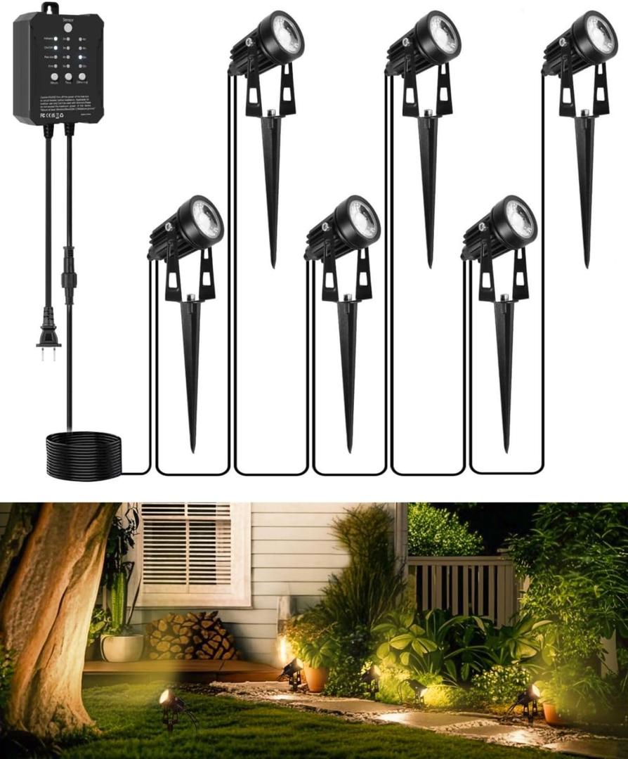 All-in-One Low Voltage Landscape Lighting, Dusk to Dawn Transformer Timer, Waterproof Spotlights, Dimmable LED Outdoor Landscaping Lights Kit for Yard Backyard Tree House 24V (6 pack warm white)