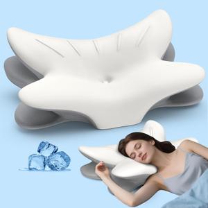 Cervical Neck Pillow for Pain Relief, Ergonomic Side Sleeper Pillow for Sleeping, Orthopedic Contour Memory Foam Bed Rest Pillows for Sleeping, Cooling Cervical Pillow for Back Stomach Sleepers (White & Grey)