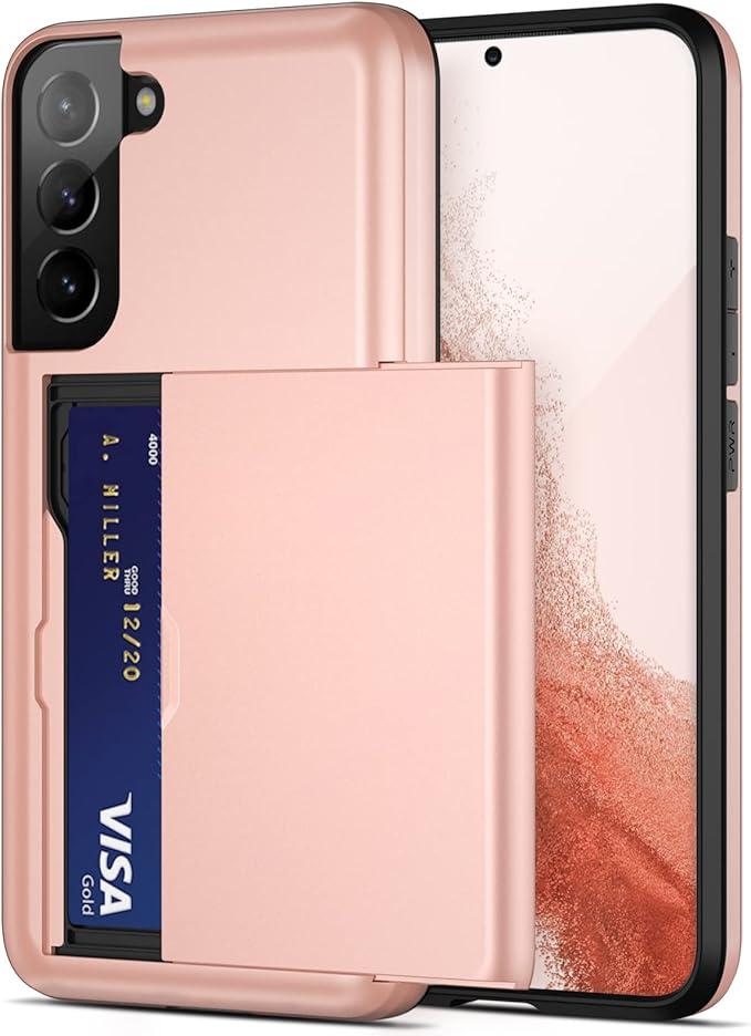 Jiunai for Samsung S22 Case, Galaxy S22 Case Credit Card IDs Cash Holder Shell Wallet Case Slide Cover Dual Layer Hard PC Rubber Cover Phone Case for Samsung Galaxy S22 5G 6.2'' 2022 Pink