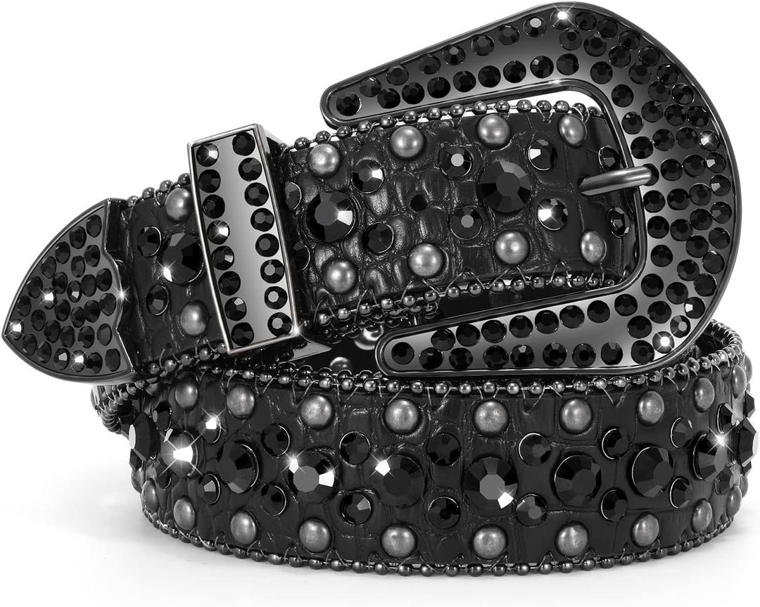 JASGOOD Western Rhinestone Belt for Women and Men Ladies Western Cowgirl Cowboy Bling Belt for Jeans Pants Dress (Suit Pants Size 33"-37", Black)