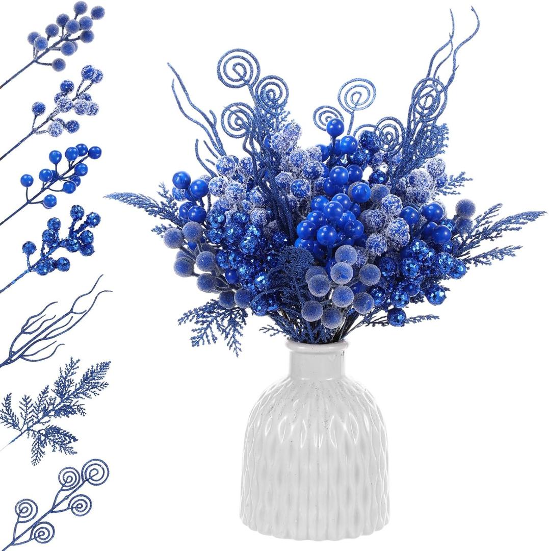 Syhood 80 Pcs Royal Blue Winter Artificial Berry Picks and Pine Branches Stems Set, 7 Style Glitter Snowy Holly Berry and Branches for Wedding DIY Wreath Garland Party Winter Decor