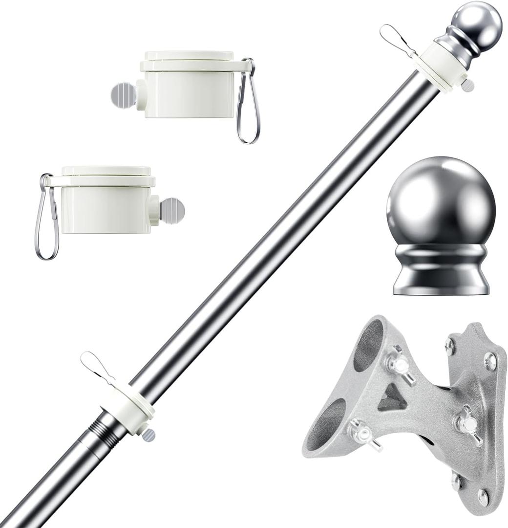 PHITRIC Flag Pole Kit, Tangle Free Spinning Stainless Steel Rustproof Flagpole for 3x5 Sports Fan Outdoor Flags for Outside House (Silver, 6FT, with Bracket)