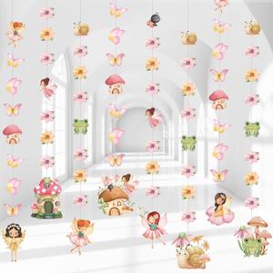 8 Pcs Fairy Party Decorations Fairy First Birthday Hanging Garlands Banner Butterfly Mushroom Flower Paper Cutouts Streamer for Wall Ceiling Decor Wonderland Garden Tale Floral Party Supplies