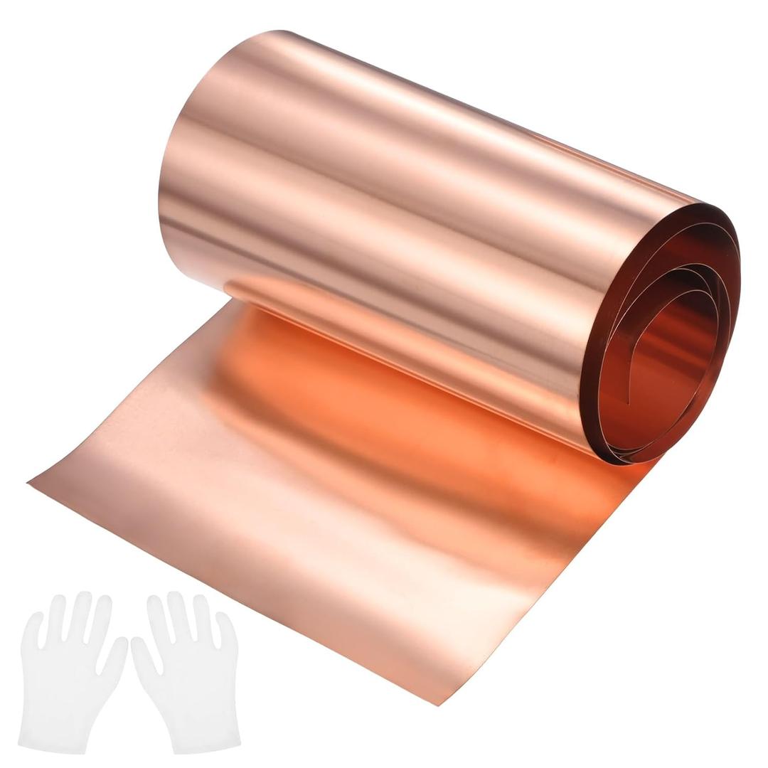 M METERXITY Copper Sheet Roll, 6in x 5ft x 0.004in (WxLxT) 99.9% Pure Copper Flashing Strip with Gloves for DIY Projects/Roofing/House Repair, Metal Foil Plate [1524x152x0.1mm]