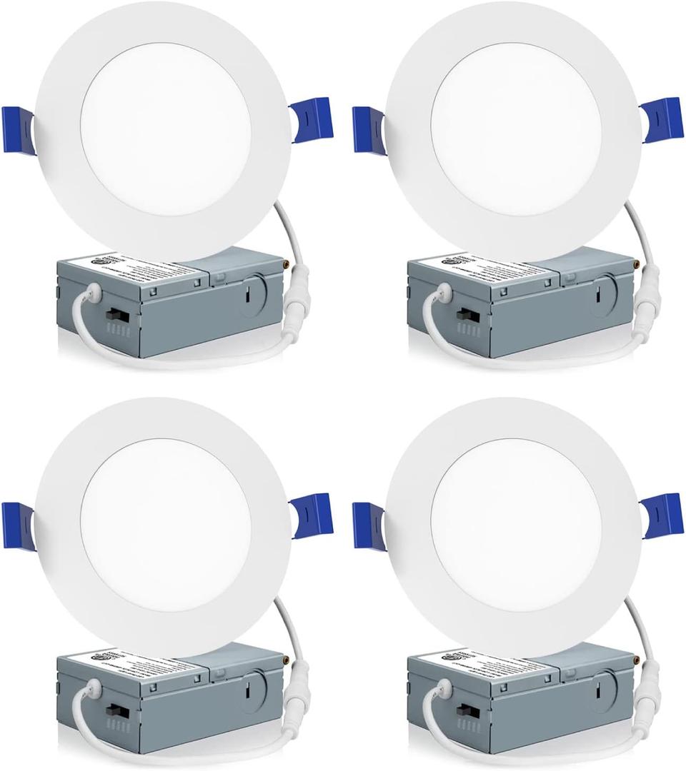 Meconard 4 Pack 4 Inch LED Recessed Ceiling Light with Junction Box, 2700K/3000K/3500K/4000K/5000K Selectable, 9W=75W 750LM, Dimmable Canless Downlights, ETL and Energy Star Listed