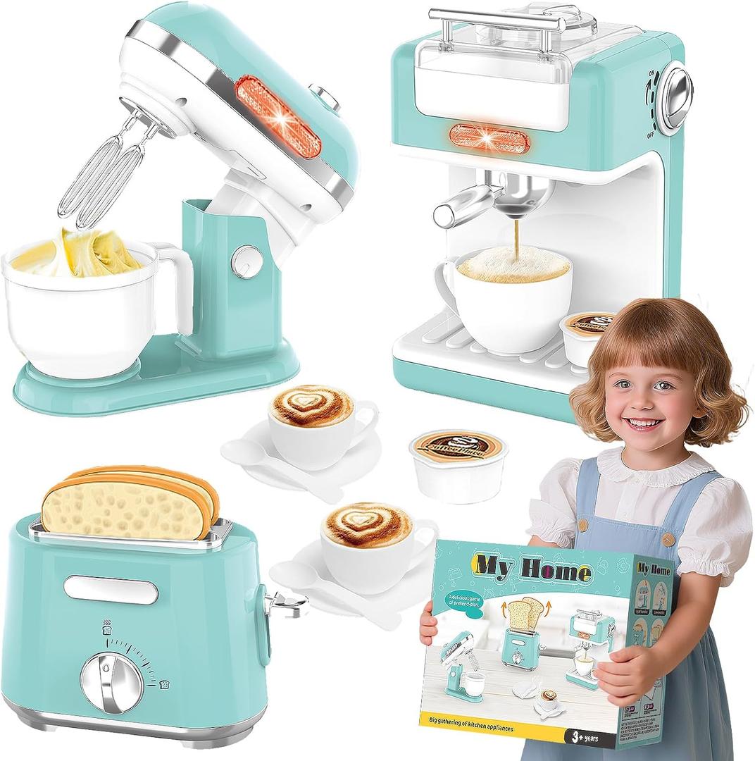 Play Kitchen Appliances Toy Set, Pretend Play Kitchen Toys Kids Kitchen Accessories Playset with Coffee Maker, Mixer and Toaster for Kids Ages 3-5 4-8 Christmas Birthday Party Gift (Green)