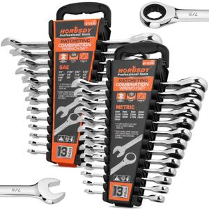 HORUSDY 26-Piece Ratcheting Wrench Set | Metric and SAE | Ratchet Combination Wrenches Set with Organizer | 72-Tooth | Chrome Vanadium Steel | 6-19 mm & 1/4 to 3/4 (13-Piece Metric&SAE)