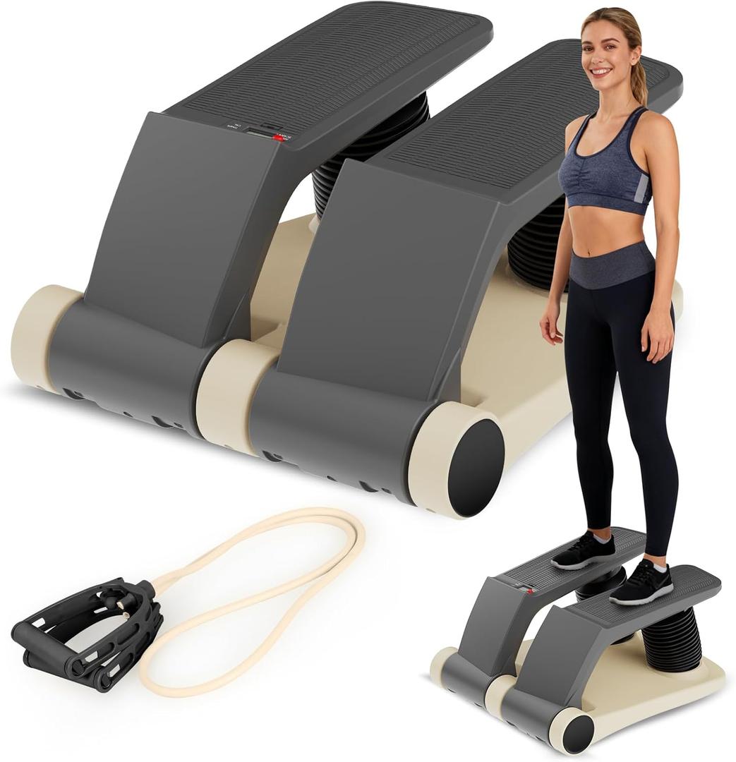 Air Stepper Exercise Machine with Resistance Bands, Stair Stepper with LCD Monitor, Adjustable Resistance Cardio Trainer for Home Workout, Compact Fitness Equipment, 300 lbs Weight Capacity (Beige)