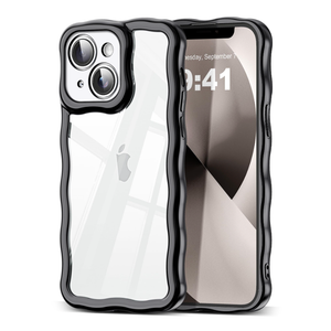 5 x SKYLMW Compatible with iPhone 13 Case, Kawaii Cute Curly Wave Frame Luxury Plating Edge, Stylish Glossy Clear Back, Soft TPU Shockproof Protective Cases for iPhone 13, Black