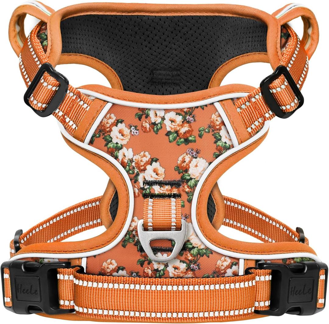 HEELE Dog Harness, No Pull Adjustable Padded Reflective Harness for Small Medium Large Dogs with Handle for Walking Training, Flower-Orange,XS