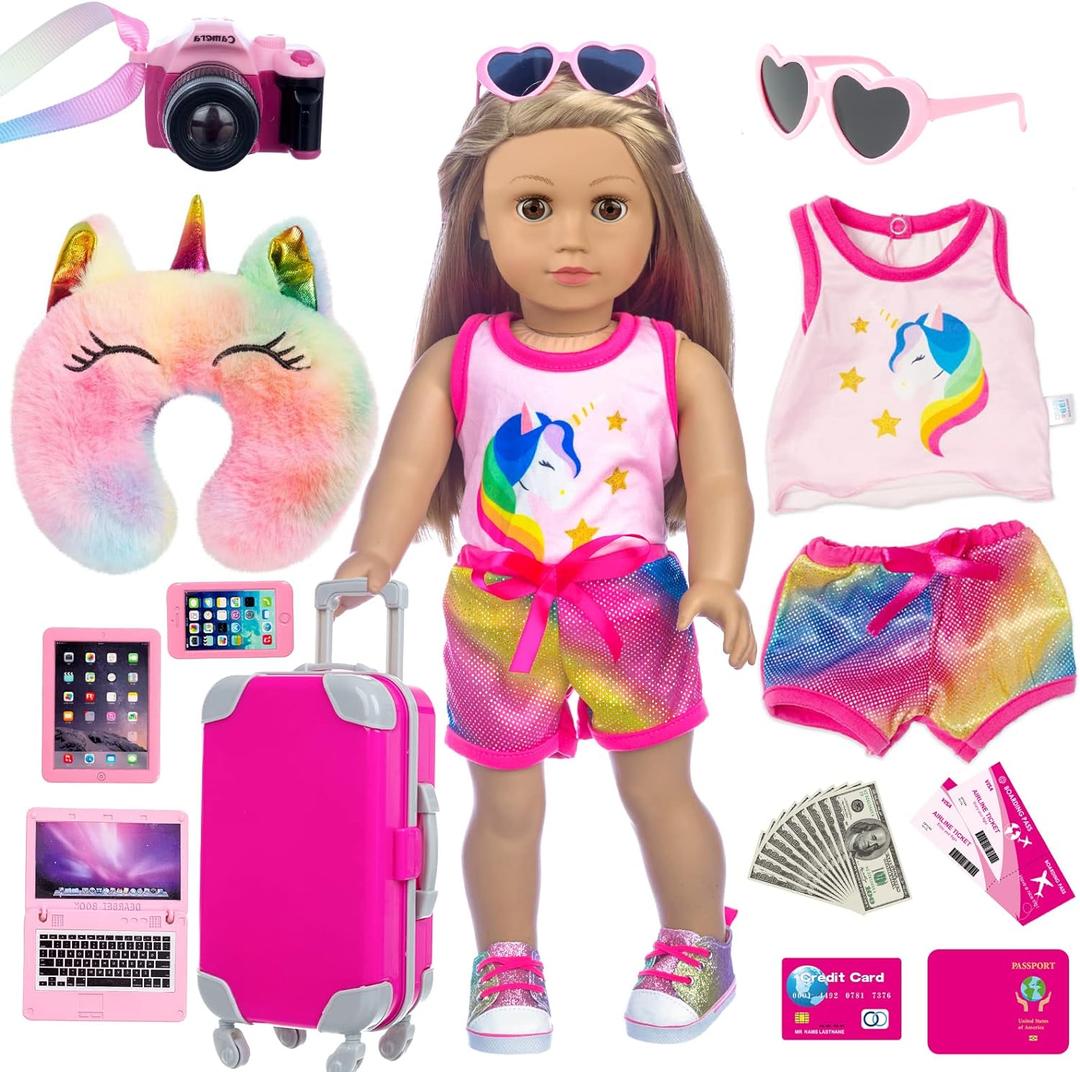 XFEYUE 23 Pcs American 18 inch Doll Clothes and Accessories - Suitcase Luggage , Pillow, Sunglasses, Camera, Passport, Mobile Phone , Computer Doll Travel Gear Play Set (No Dolls)