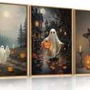 Spooky Halloween Ghost Lighted Pumpkin Framed Canvas Wall Art Set,Gothic Inspired Cute Black Cat Witch Hat Wall Decor,Vintage Foggy Forest Castle Artwork for Living Room, Bedroom-16 x24 x3