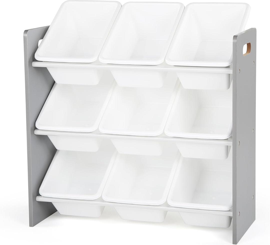 Humble Crew Toy Storage Organizer with 9 Removable Storage Bins for Kids Playroom, 3-Tier Toddler Toy Organization and Storage, Grey/White, 24" Tall