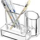 Sooyee Acrylic Desk Supplies Organizer Holder, 3 Compartments Office Desktop Caddy, Multi-function Pen Pencil Cup Phone Remote Control Stationery Storage Box for Home, School, Classroom, Clear (5.1 x 3.74 x 4.1)