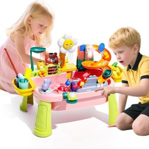 2026 Upgraded Toddler Sand Water Table Toy with Electric Water Pump, Kids Sand Water with Faucet/Play Food Accessories/Fishing Toy, Kitchen Play Sink Toys for Girl Boy Age 3+ (Pink)