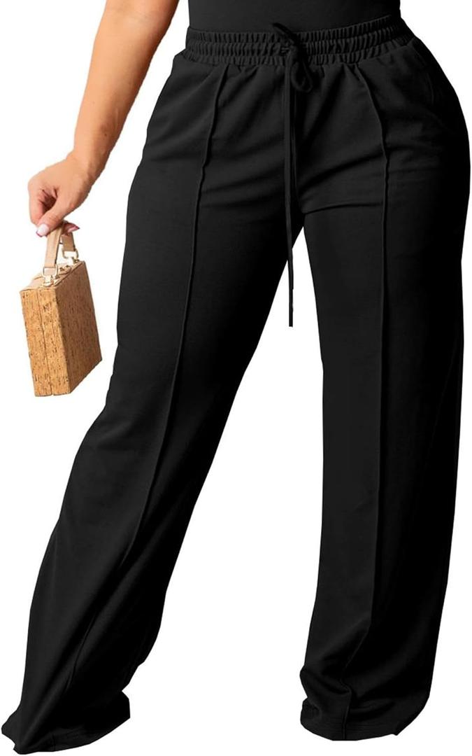 Tycorwd Women's Plus Size Casual Wide Leg Pants High Waisted Drawstring Baggy Sweatpants Elastic Straight Leg Lounge Pants (Black, XXXL)