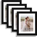 Hongkee 9x11 Picture Frame Set of 4, Made of Real Glass and Black Frame - Display Picture 7x9 with Mat or 9x11 Without Mat, 9 by 11 Photo for Wall or Tabletop