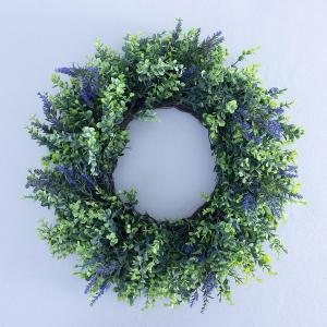 Seasons 22 inch Boxwood Wreath for Front Door, Artificial Spring & Summer Wreath with Greenery Leaf for Farmhouse, Wall, Window or Wedding Home Decor (Lavender)