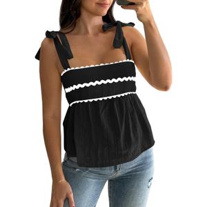 Tankaneo Womens Cute Tank Tops Summer Casual Peplum Babydoll Square Neck Tie Strap Backless Shirts, Size XL
