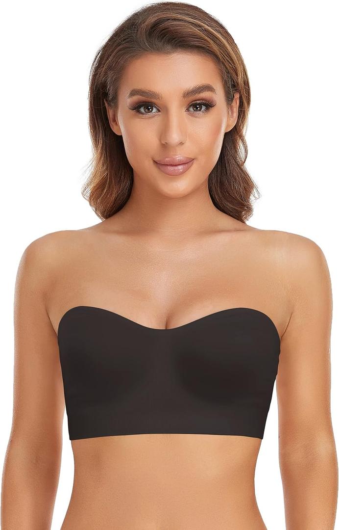 Lusait Strapless Bra for Women Non-Slip Silicone Padded Bandeau Bra Wireless Tube Top Bralette (Small, Black)