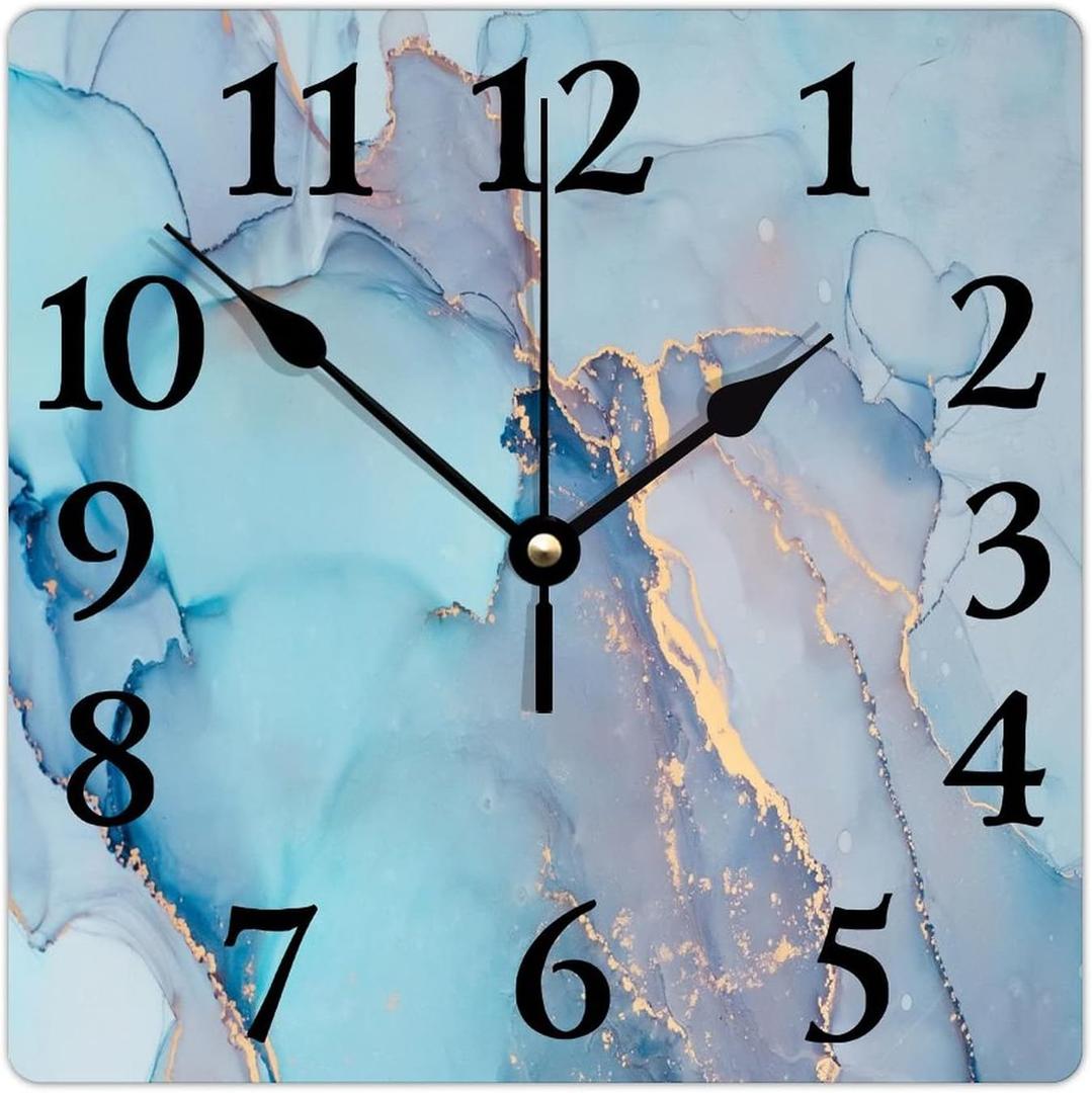 Square Wood Wall Clock Abstract Blue and Gold Texture Non-Ticking Battery Operated Wall Clock Shabby Chic Wood Clock Suitable for Living Room Bathroom Dining Room Wall Decor 10 Inch