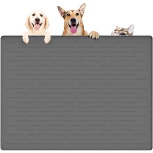 39.4"x29.5" Large Pet Food Mat, Silicone Dog Mats for Food and Water, Nonslip Pet Feeding Mats for Floors,Dog Cat Bowl Mat with Raised Edges, Dark Gray