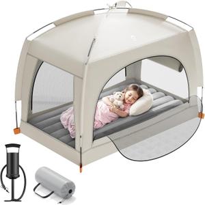 QPAU Inflatable Toddler Travel Bed with Tent – Lightweight Blow Up Kids Air Mattress with Hand Pump – Indoor & Outdoor Portable Sleeping Solution for Camping, Travel, Home, Grandma’s – Ages 3+