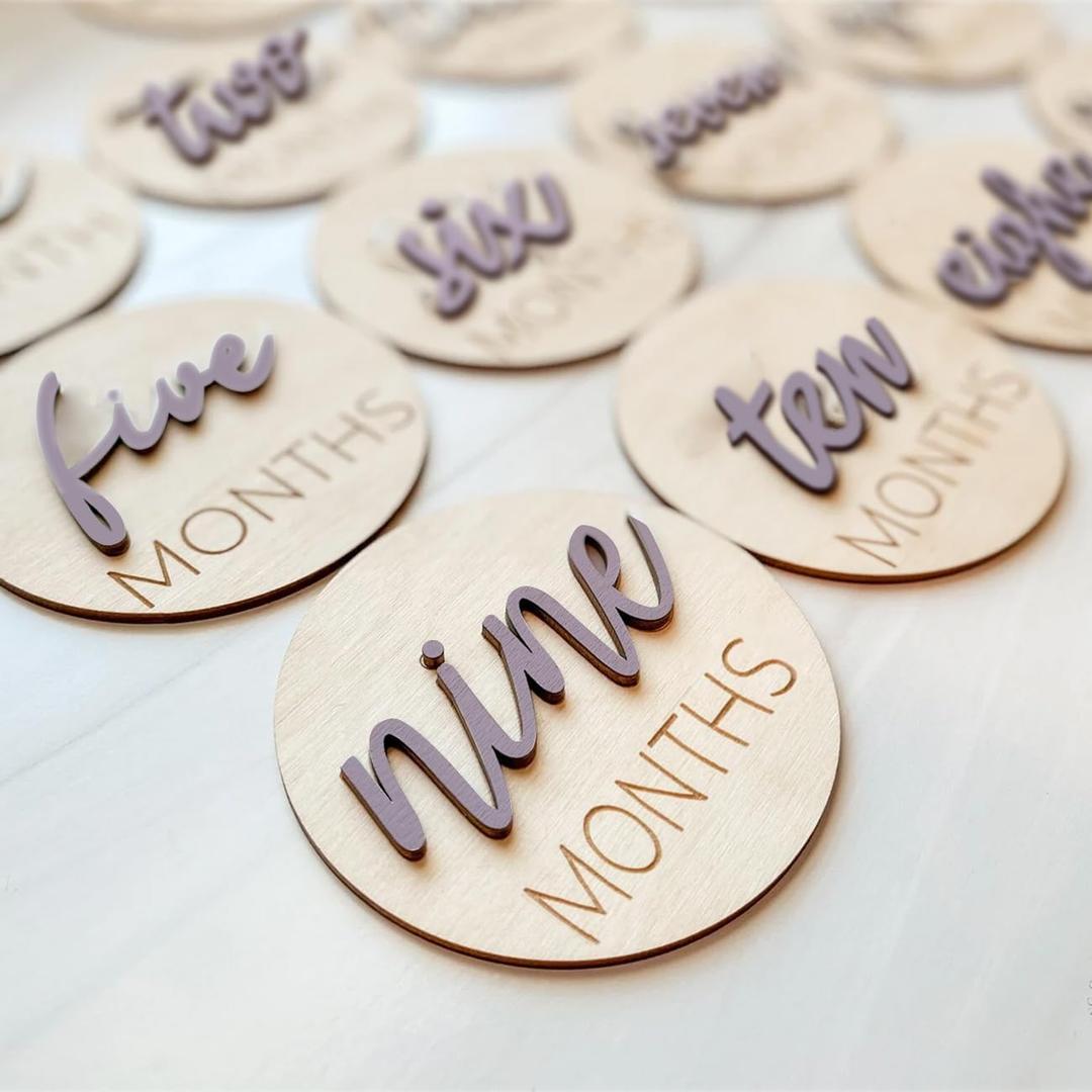Baby Monthly Milestone Markers Disc, Wooden 3D Milestone Cards for Photos, Baby Announcement Sign, 1-12 Months, wooden baby milestone sign (Purple)