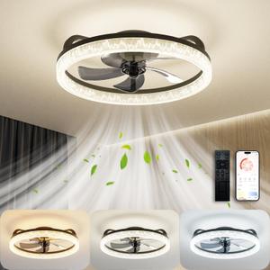 Ceiling Fans with Lights and Remote, Low Profile Ceiling Fan with Light, 19 Flush Mount Modern Fandelier, Bladeless Dimmable LED, 6 Speeds for Bedroom, Living Room