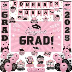NUTTYBASH Graduation Decorations Class of 2025, Black Pink Graduation Party Decorations Set Includes Congrats Grad Backdrop Banner, 2025 Foil Balloons and Latex Balloons, Graduation Party Supplies