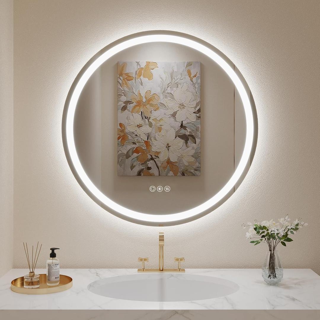 LOVESPEJO 28" Round LED Mirror for Bathroom, Anti-Fog LED Bathroom Vanity Mirror with Lights, Dimmable, 3 Colors, IP54 Waterproof (Frameless)