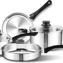 6-Piece Stainless Steel Cookware Set with Glass Lids, Stay-Cool Handles | Fry Pan, Saucepan, Sauce Pots | Compatible with Induction, Electric, Gas Stovetops | PFOA-Free, Dishwasher Safe