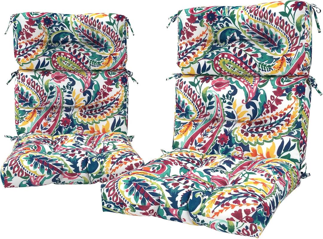 LVTXIII 2 Pack Outdoor High Back Cushions, 22" W x 20" D Tufted Seat and Back Chair Cushion with Ties, Fluffy Patio Replacement Rocking Chair Cushion for Outdoor Furniture Use, Vigour Paisley, 44"x22"x4"