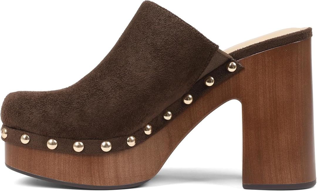 Oiamenne Womens Platform Clogs Mules Chunky High Heeled Sandals Round Toe Slip On Slides Rivet Studded Heels for Women Casual Comfy Shoes (L) SIze 9