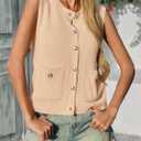 Saodimallsu Womens Summer Cropped Sweater Vest Sleeveless Button Ribbed Knit Crew Neck Cardigan Vests Top with Pockets (Beige)
