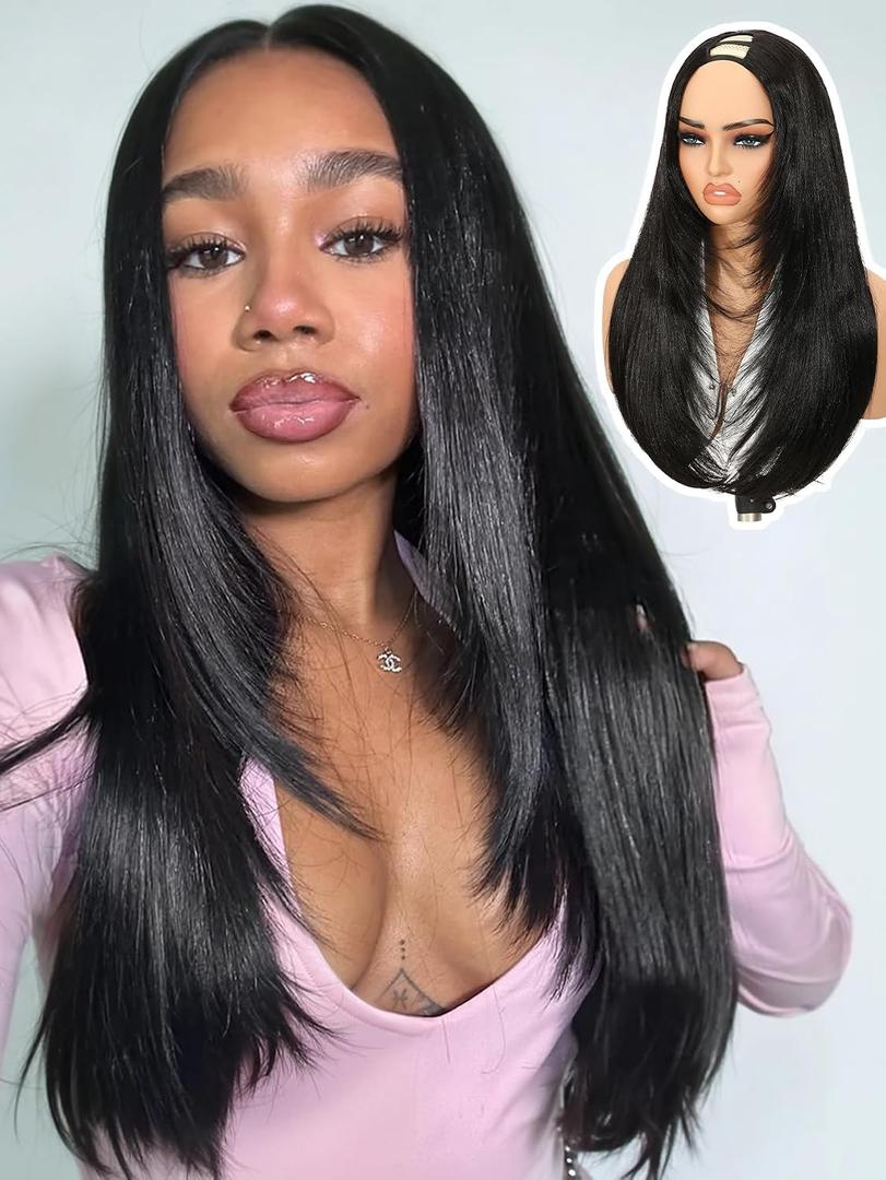 Quantum Love Yaki Straight Layered U Part Wigs V Part Glueless Clip in Half Wigs for Women Realistic Natural Looking Heat Resistant Synthetic Hair(24inch,Natural Black)