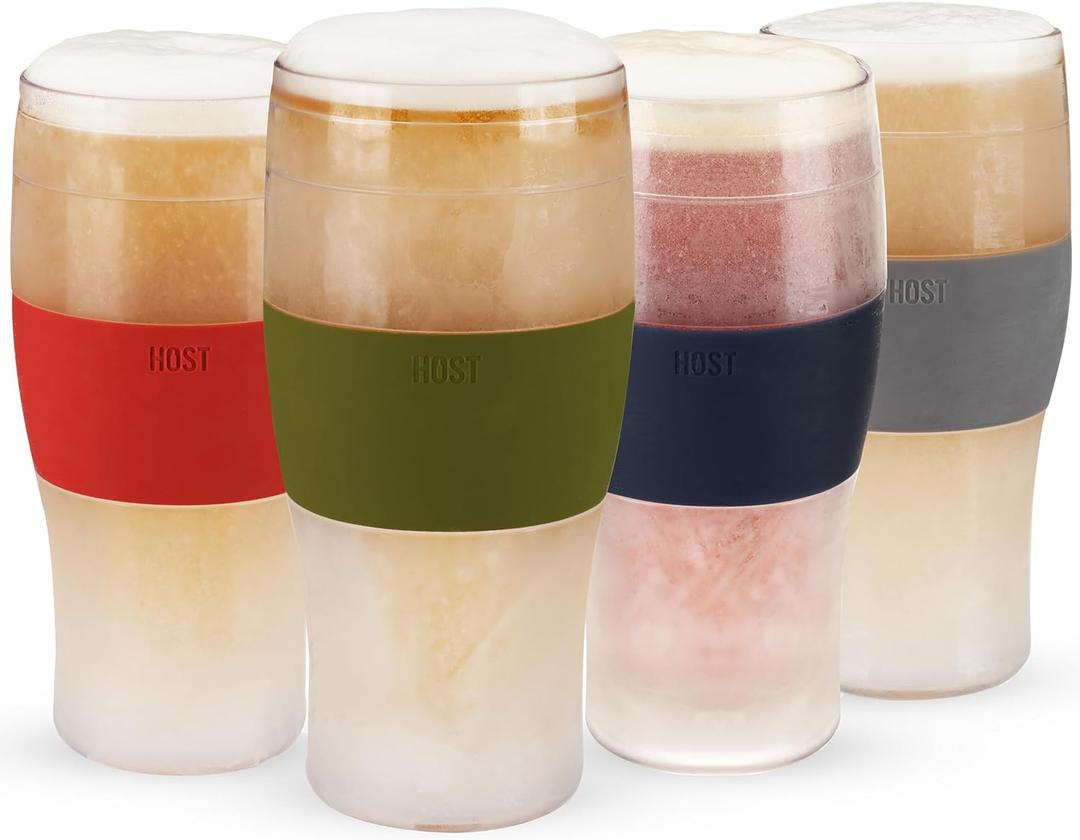 HOST Beer FREEZE Beer Glass Cups Set Drinking Glasses, Freezer Mugs with Gel Double Walled Cool Cups Plastic Multicolor 16oz Set of 4 (Assorted)