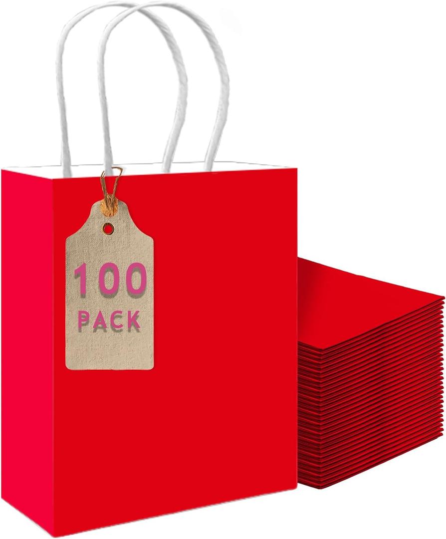 qiqee 100PCS Gift Bag with Handles Bulk Red Paper Bags Multiple Uses (11"x5"x8"inch Medium Size)