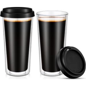 Honeydak 2 Pack 16 oz Double Walled Glass Coffee Mugs with Silicone Lids Clear Insulated Glass Travel Cups Reusable Hot and Iced Coffee Tumblers for Travel Home Office