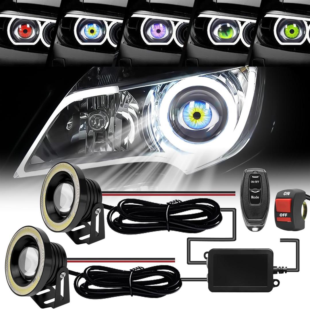 spnanma Upgraded Additional Installation Devil Eyes with Decorative Function Bright Circular Halo Animated, 2PCS Decorative Lights for Car and Motorcycles, 6 Animated Patterns