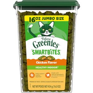 Greenies Feline Smartbites, Cat Treats Healthy Recipe, Indoor Cat Treats, Chicken Flavor, 16 oz. Tub (EXP 07/31/26)