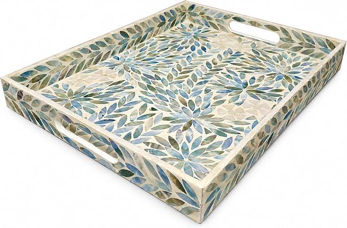I-LAN Creative Rectangular Mother of Pearl Shell Severing Tray Lacquer Wooden Decorative Tray Handmade Shell Serving Tray with Handles and 2 Inch Wall, 18”Large Green Inlay Nacre Ottoman Tray (45cm)