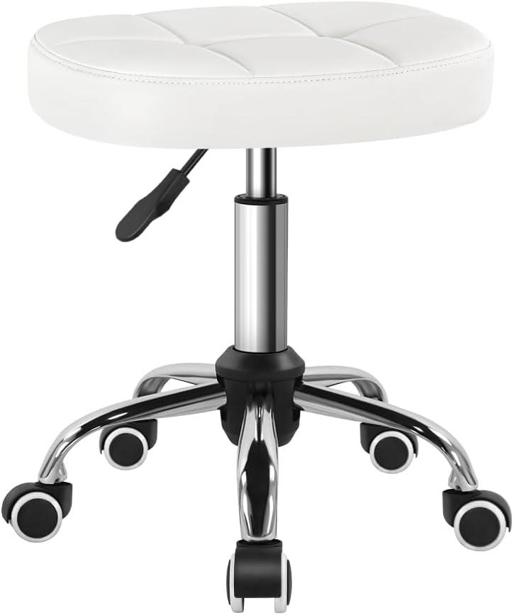 White 6-Square Lattice PU Swivel Stool with Wheel for Work SPA Shop Massage Height-Adjustable and Cost-Effective Rolling Stool Chair