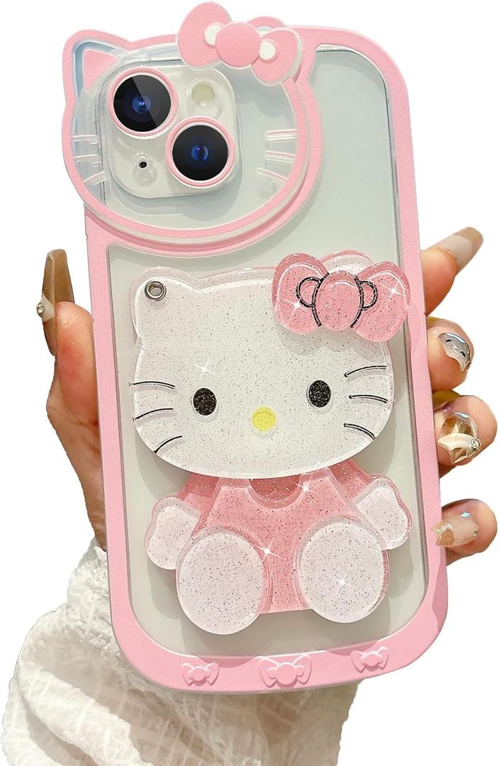 Cute Cartoon Designed for iPhone 15 Case, 3D Bow Kawaii Cartoon Cat Case with Mini Makeup Mirror for Girls Women Soft Silicone Clear Shockproof Phone Cover for iPhone 15 6.1", Pink